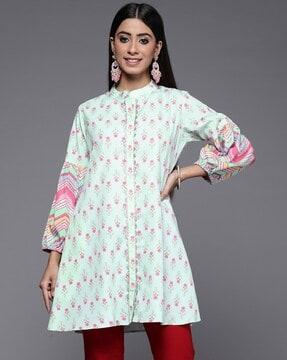 floral print tunic with band collar