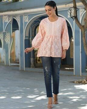 floral print tunic with bishop sleeves