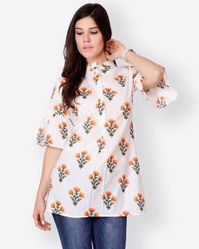 floral print tunic with flounce sleeves