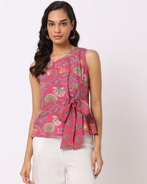 floral print tunic with front tie-up