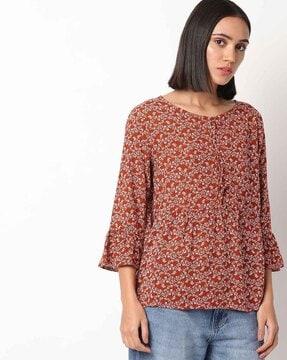 floral print tunic with lace-up neckline