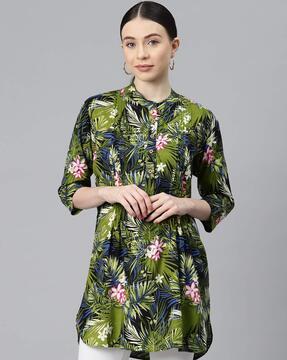 floral print tunic with mandarin collar