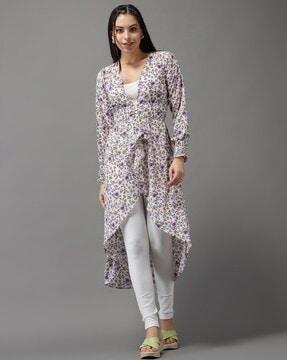floral print tunic with puff-sleeves