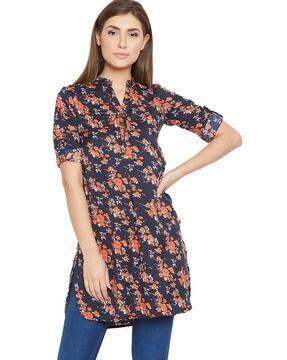 floral print tunic with roll-up tabs