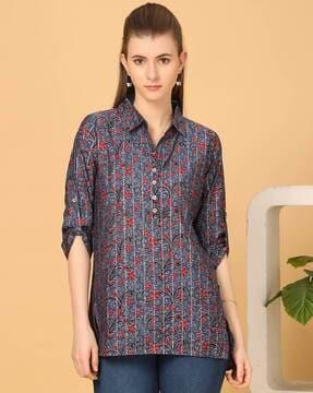 floral print tunic with spread collar