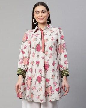 floral print tunic with spread collar