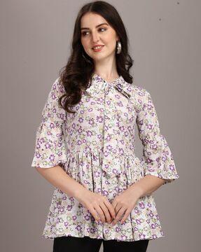 floral print tunic with tie-up neck