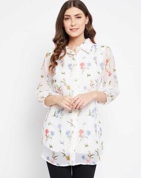 floral print tunic with waist tie-up