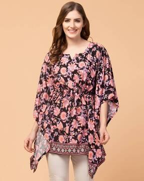 floral print tunic with waist tie-up