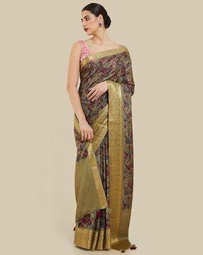 floral print tussar saree with tassels