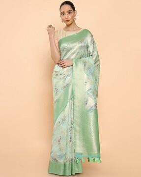 floral print tussar saree with tassels