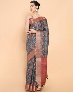 floral print tussar saree with tassels