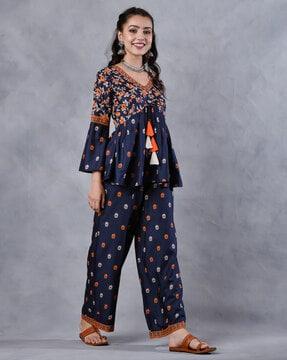 floral print v-neck  pant-suit set