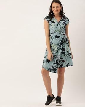 floral print v-neck a-line dress with tie-up