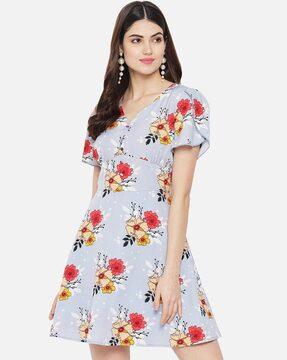 floral print v-neck a-line dress