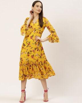 floral print v-neck a-line dress