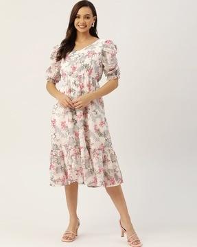 floral print v-neck a-line dress