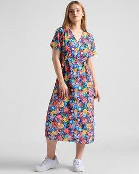 floral print v-neck a-line dress