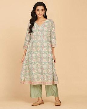 floral print v-neck a-line kurta