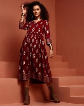 floral print v-neck a-line kurta