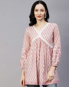 floral print v-neck a-line kurti