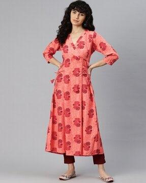 floral print v-neck angrakha kurta