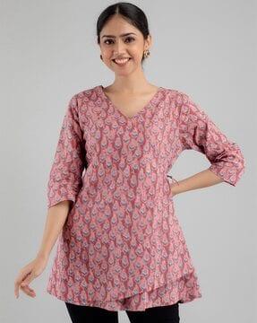 floral print v-neck angrakha kurti