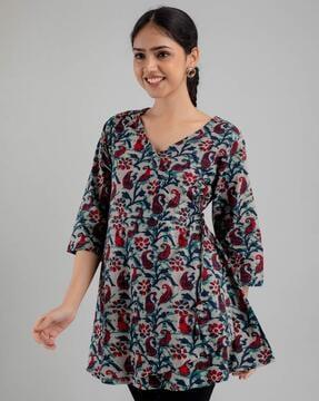 floral print v-neck angrakha kurti