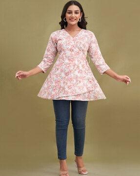 floral print v-neck angrakha kurti