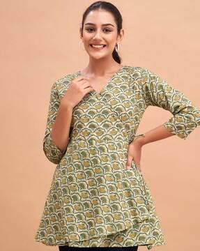 floral print v-neck angrakha kurti