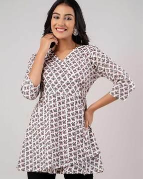 floral print v-neck angrakha tunic