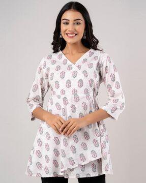 floral print v-neck angrakha tunic