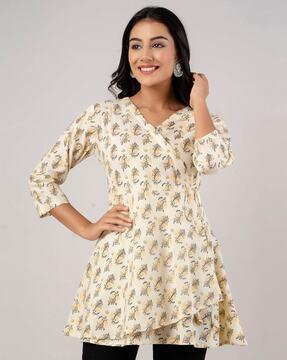 floral print v-neck angrakha tunic