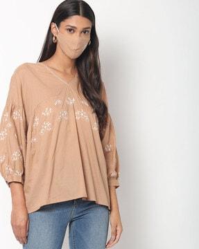 floral print v-neck blouson top with face mask