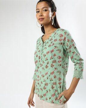 floral print v-neck cotton tunic