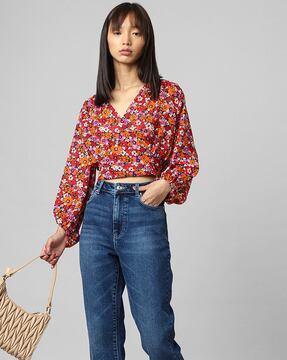 floral print v-neck crop wrap top