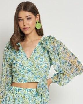 floral print v-neck crop wrap top