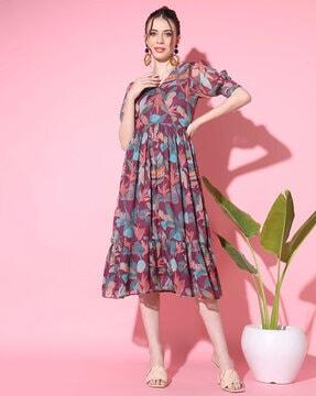 floral print v-neck fit & flare dress