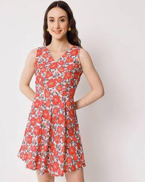 floral print v-neck fit & flare dress