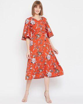 floral print v-neck fit and flare dress
