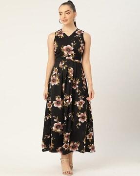 floral print v-neck flared dress