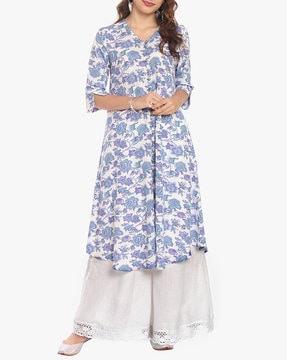 floral print v-neck flared kurta