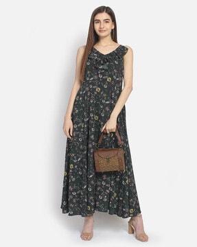 floral print v-neck gown dress with tie-up