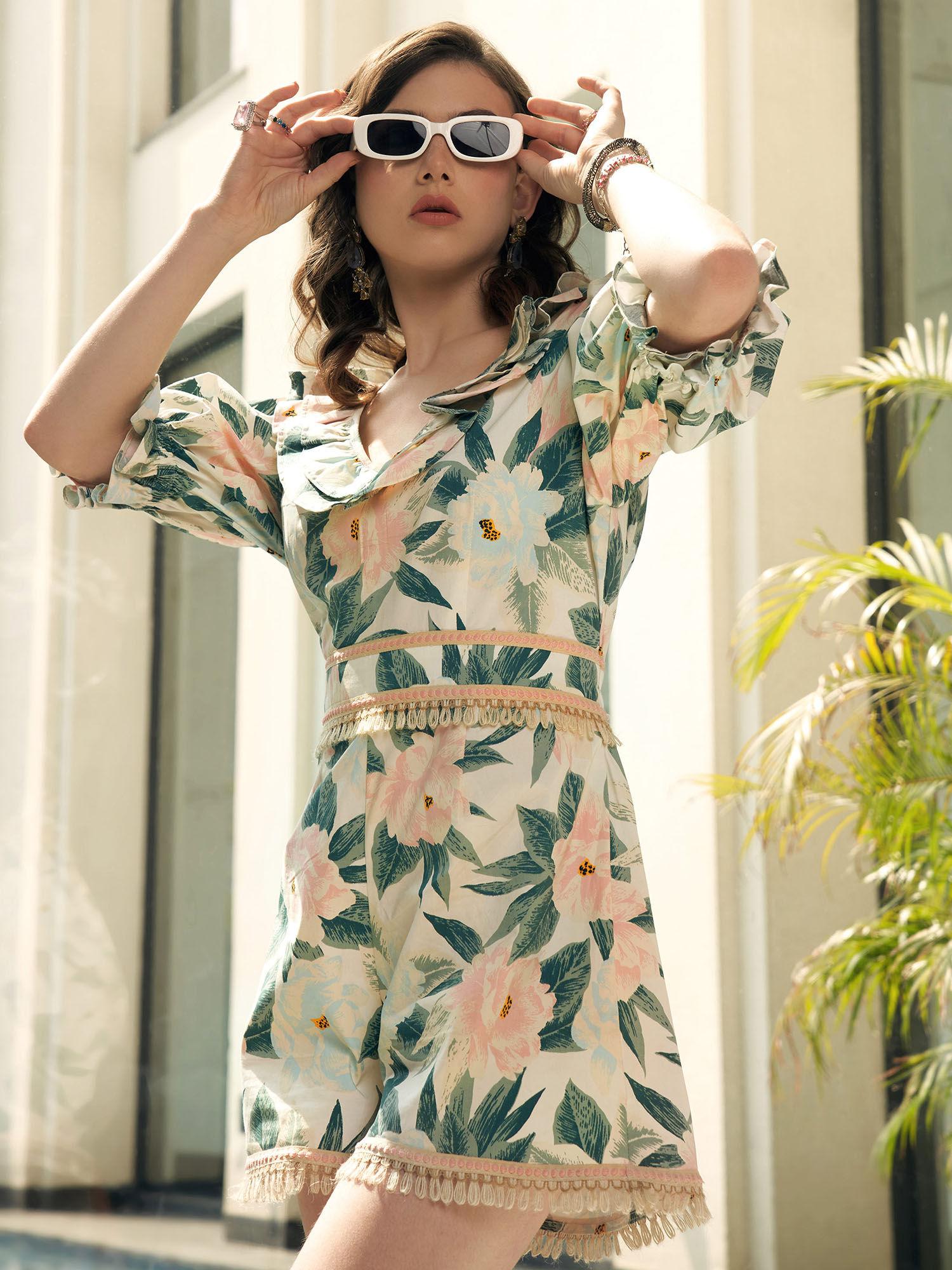 floral print v-neck puffed sleeves playsuit