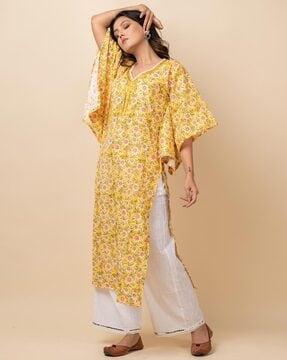 floral print v-neck straight kurta set