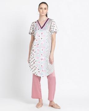 floral print v-neck straight kurta with pants