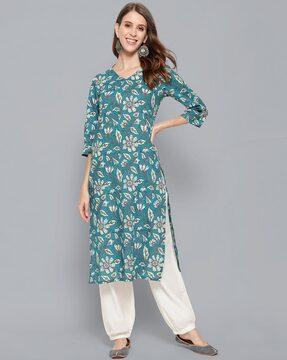 floral print v-neck straight kurta