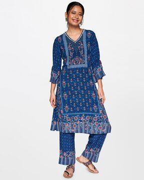 floral print v-neck straight kurta