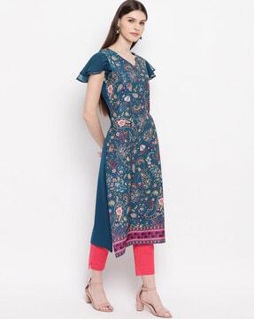 floral print v-neck straight kurta