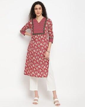 floral print v-neck straight kurta